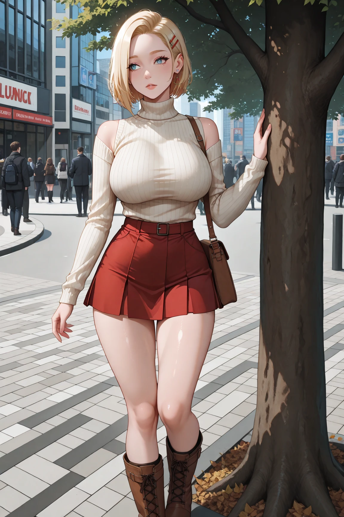 A woman wearing a pink sweater and a white pleated skirt, with black stockings on her legs, exposing her abdomen. She has a great figure, but her head is not visible. (best quality,4k,realistic),(best quality,4k,realistic)!!,[ 4K digital art ]!! perfect figure with realistic shadows, extremely detailed art style, realistic anime, by Shitao, popular topic on cgstation, casual posture, realistic anime 3D style