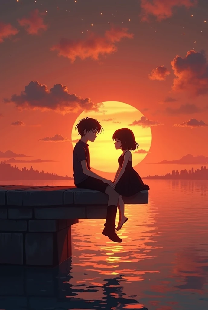 In 3d animation style " A final image of Arya and her father sitting together on a bench, watching the sunset, with Arya resting her head on his shoulder, both content and happy.