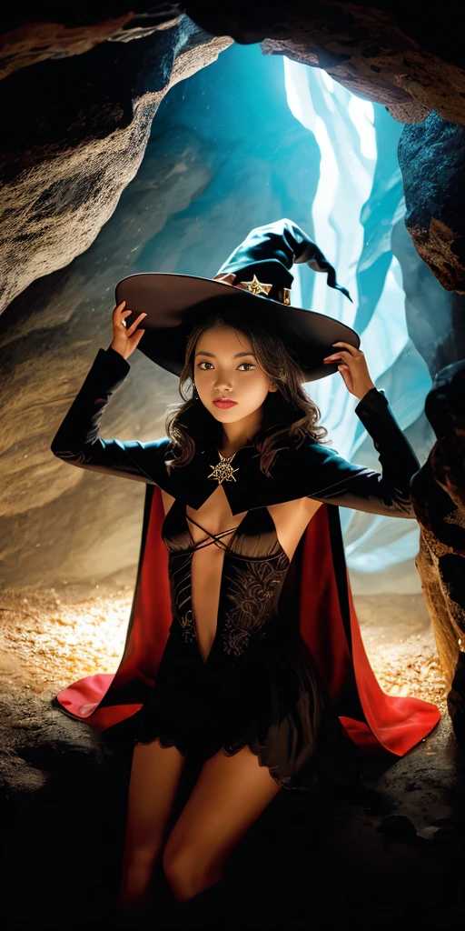 One Girl,(Sexy Lace Witch Costume:1.2),House with spooky Halloween decorations,Super detailed,Realistic:1.2,Sharp focus,Vibrant colors,Studio Lighting,Horror,Portraiture,Mysterious atmosphere,Luminous pumpkin,Creepy spider,Witch Hat,Scary masks,Haunted Furniture,Dark and eerie shadows,Moonlight shining through the window,Ghost Appearance,Witch's broom,Foggy atmosphere,Witch&#39;s Cauldron,Bats flying in the background,Walls covered with cobwebs,Magic Spellbook,Orange and black color scheme,The eyes of a mysterious girl piercing through the darkness,Mix 4, whole body, Big Breasts
