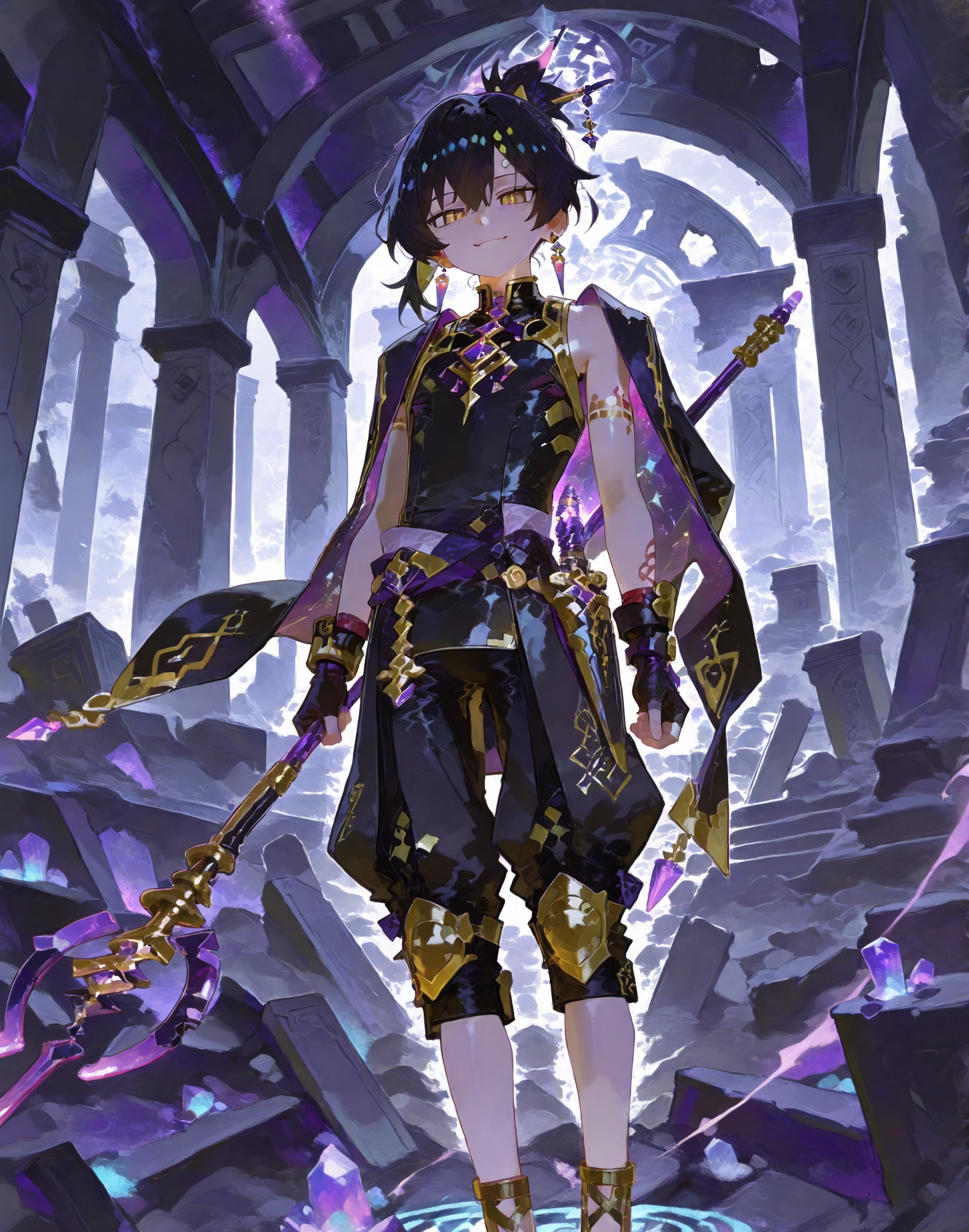 young slim athletic Black boy, smooth glowing dark skin, short layered black hair in a high sleek ponytail with gold and purple bead trims, fierce joyful golden eyes, wearing sleeveless deep violet and black tunic with shining gold trims, small sharp armor plates on shoulders and chest, lightweight black combat trousers, mid-calf golden armored sandals, slim golden belt with purple gemstone, black fingerless gloves with gold stitching, swirling wild purple and black magic around his body, spinning elegant dark staff with crackling purple crystal tip, smiling mischievously, standing in vibrant broken temple ruins with floating purple crystals, swirling magical wind lifting his tunic, anime-style, highly detailed, wild happy magical warrior vibe