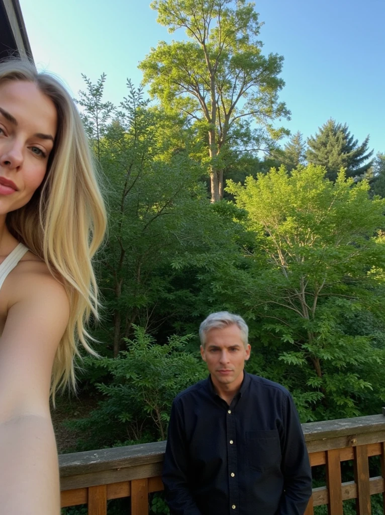 a (fully nude) beautiful 16 yo blonde Caucasian girl with b cup breasts standing in the woods being fondled by a fully clothed older man 