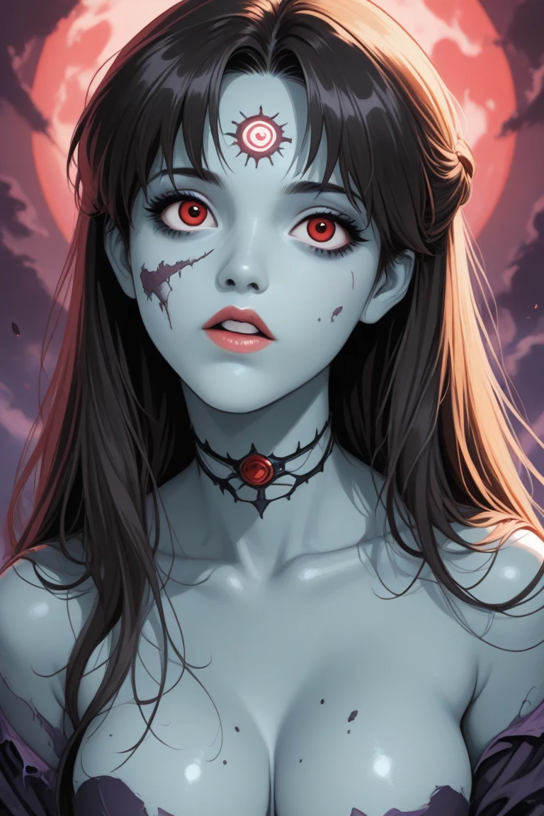 Hisako,grey skin, very long hair, white pupils, scars, glowing red fire eyes, black sclera,
White kimono with floral print,off shoulder,torn clothes, crazy smile,sharp teeth,open mouth,
looking at viewer,
japanese ghost village,night sky,
standing,upper body,
(insanely detailed, beautiful detailed face, masterpiece, best quality) cinematic lighting,solo,