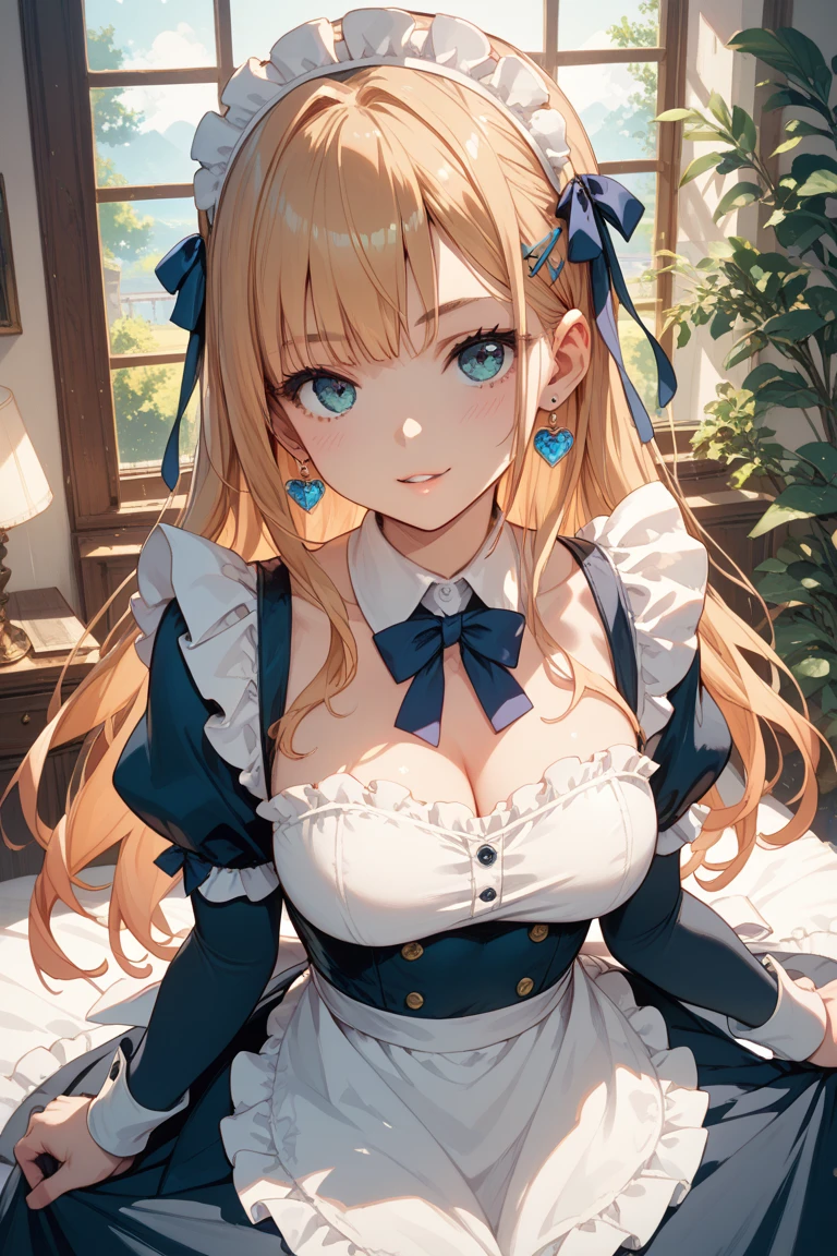 ((highest quality、High resolution、masterpiece))、(((2girls))), Portrait、A beautiful woman、Perfect body、beautiful ample breasts、Long blonde、bangs、Blue and white、Embellished blue sexy dress、No panties、Embarrassed、((I'll lift my skirt and show you my pussy))、Love juice、I'm tempting you