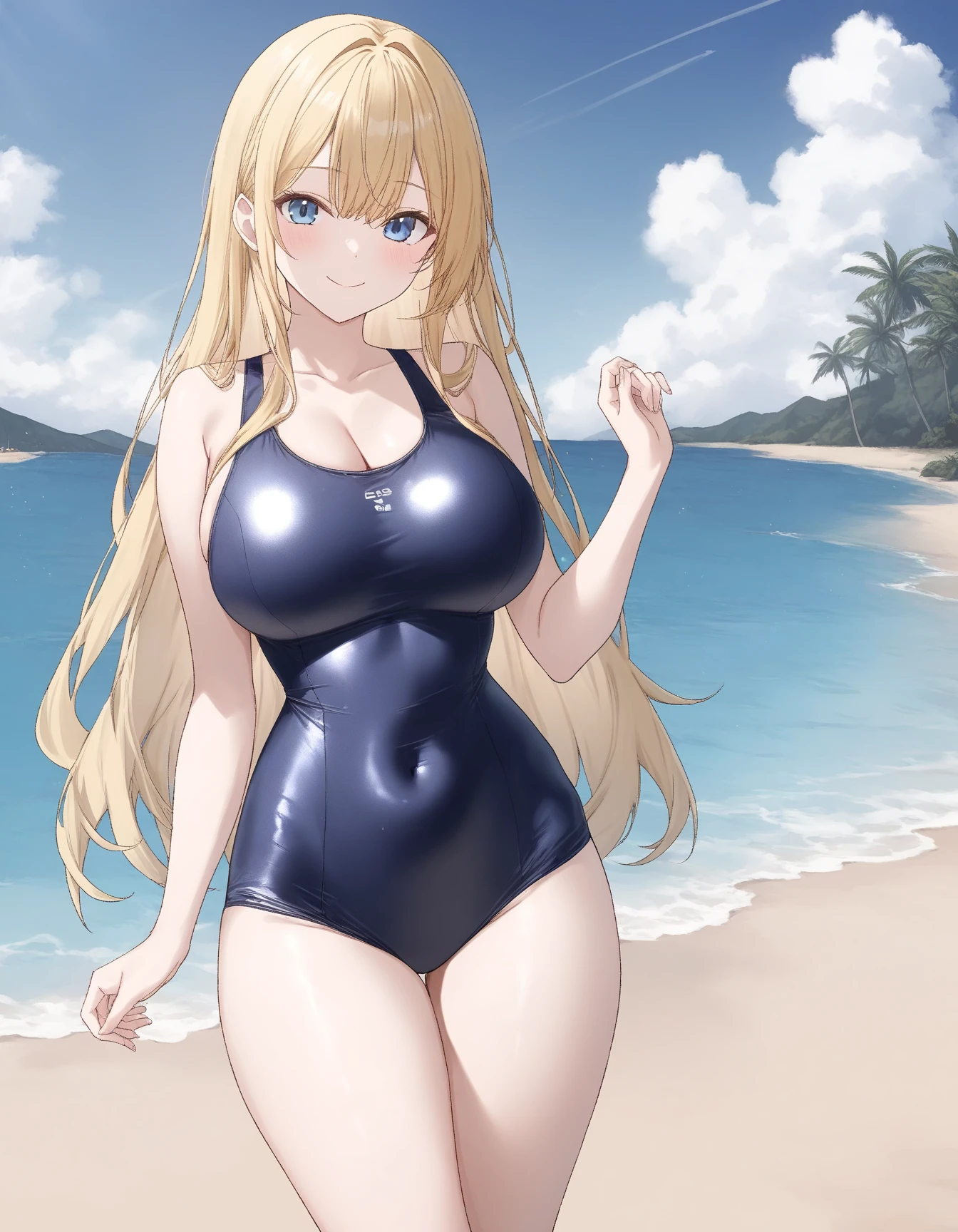 1girl, solo, masterpiece, <lora:highlegv1:0.8>, highleg bikini, bikini, navel, blonde hair, blue eyes, smile, looking at viewer, facing viewer, cowboy shot, large breasts, cleavage,