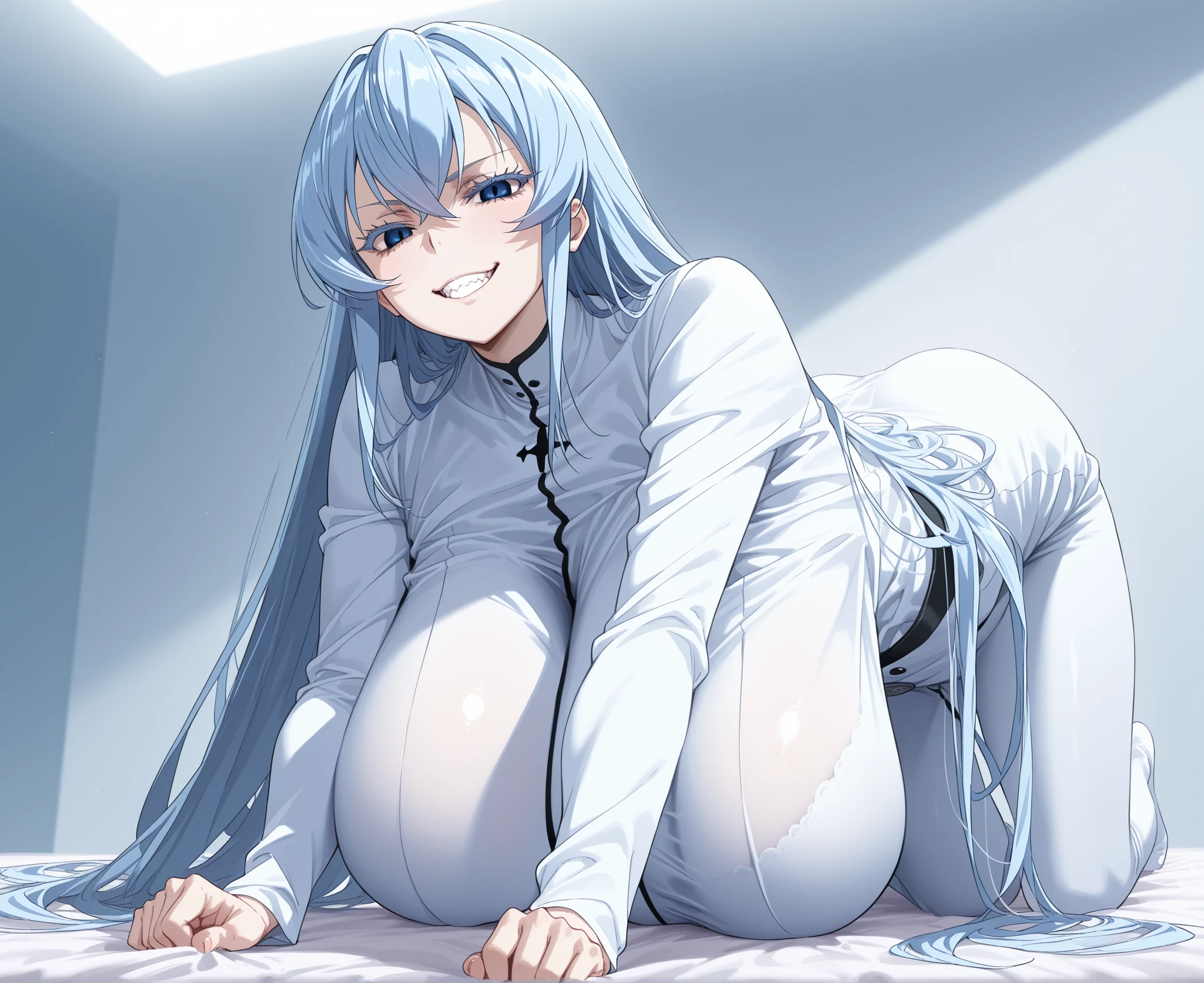 ((Masterpiece, Best Quality)) female character, YOUNG, Pale and white skin, dark blue eyes, by white, wavy and long, Delgado, beautiful, naked , small breasts , small waist, Wide hips, unclothed, lying down with a big penis, long fat, dripping cum between her legs, very thick and large black oene, noticeable between his legs, being penetrating (inside the vagina) in her vagina, with his groin exposed, showing the penis well in mid-coitus