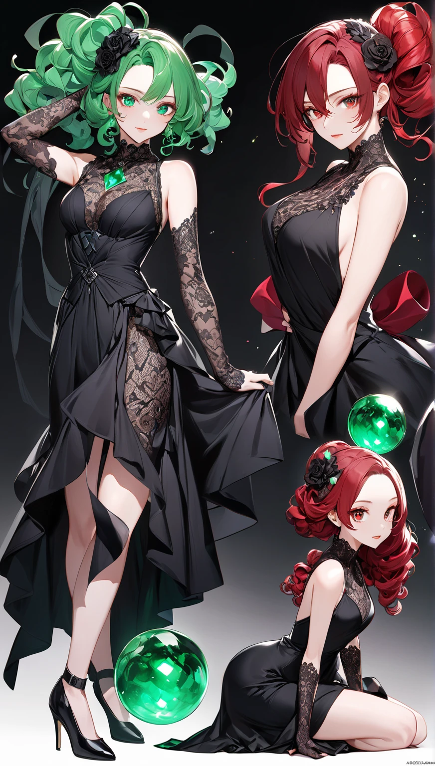 ((Best Quality)), ((Masterpiece)), ((Realistic)) 19 year old, redhead girl, shoulder length hair, relaxed happy face ((slender)) (busty), ((( cheongsam turquoise lace dress))) (((mini skirt))) ((up skirt)) ((purple thong)) ((sexy dress)) bun hairstyle (((detailed character sheet, frontal view, side view, three quarter view))) (((white background))) 6 and a half heads full body