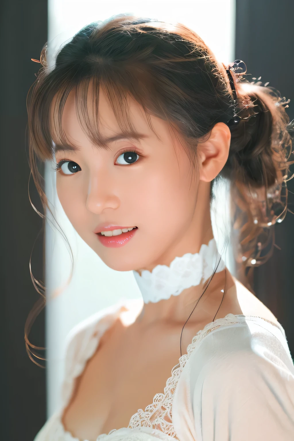 (Best-quality, Masterpiece, Ultra-High-Resolution, (Photorealistic:1.4), Raw Photo, depth of field, professional lighting, perfect anatomy, extremely details), 1girl, 15-years-old, the most famous Japanese idol, ((wearing extremely cute-lacy light-pink-dress with cute-design):1.3), looking at viewer, innocent smile, ((extremely cute face, ((extremely cute and extremely big black-realistic-eyes)), extremely cute black-hair) extremely cute long-eyelashes, extremely cute lips), (((extremely beautiful and extremely realistic skins))), extremely beautiful thighs