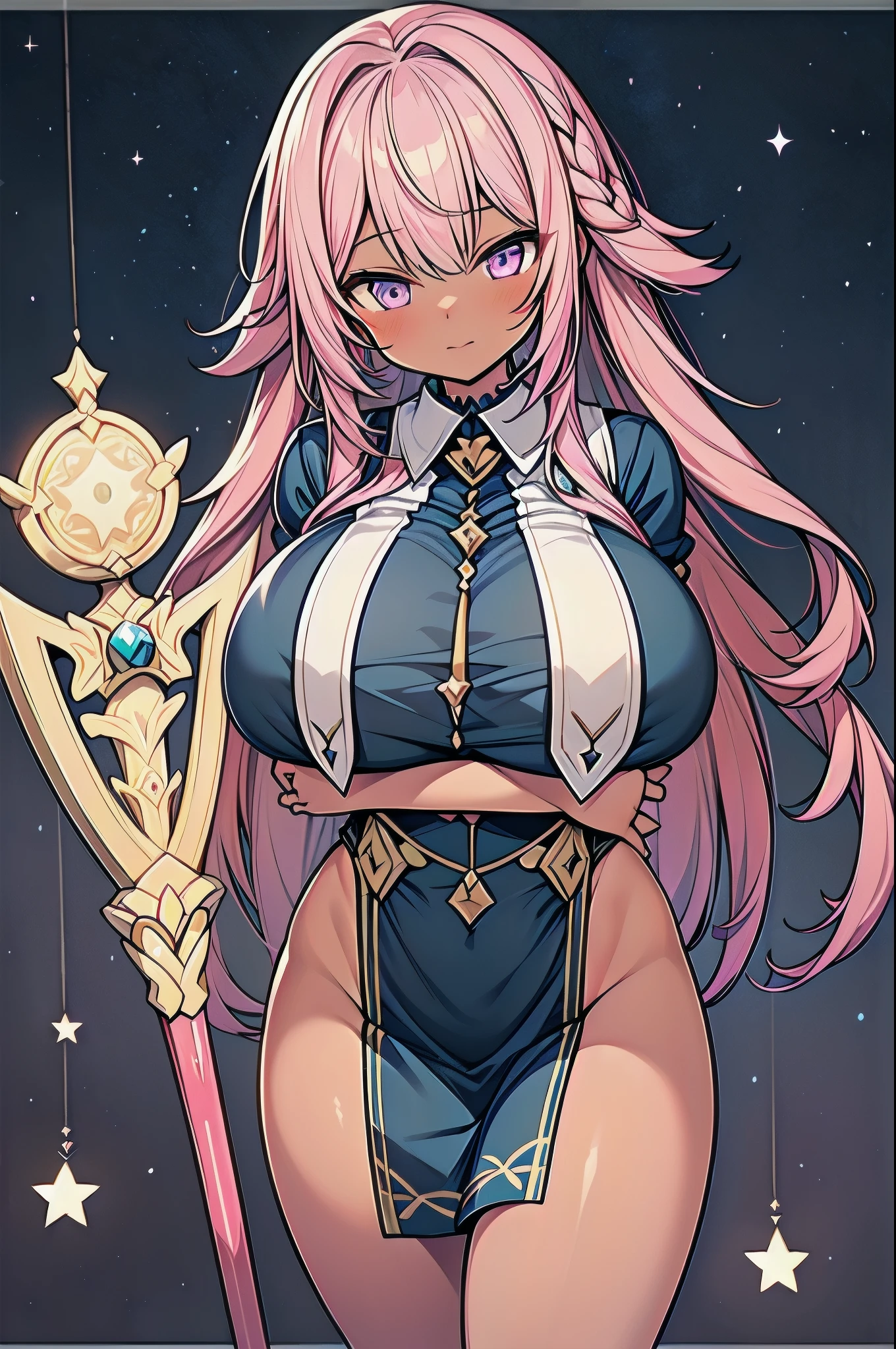 ((Highest Quality)), ((masterpiece)), (huge sagging breasts:1.38),thick legs,Patterned clothing.Magical Girl.,pink hair.(dark skin:1.25). magic wand on the hill. cowboy shot. Square,