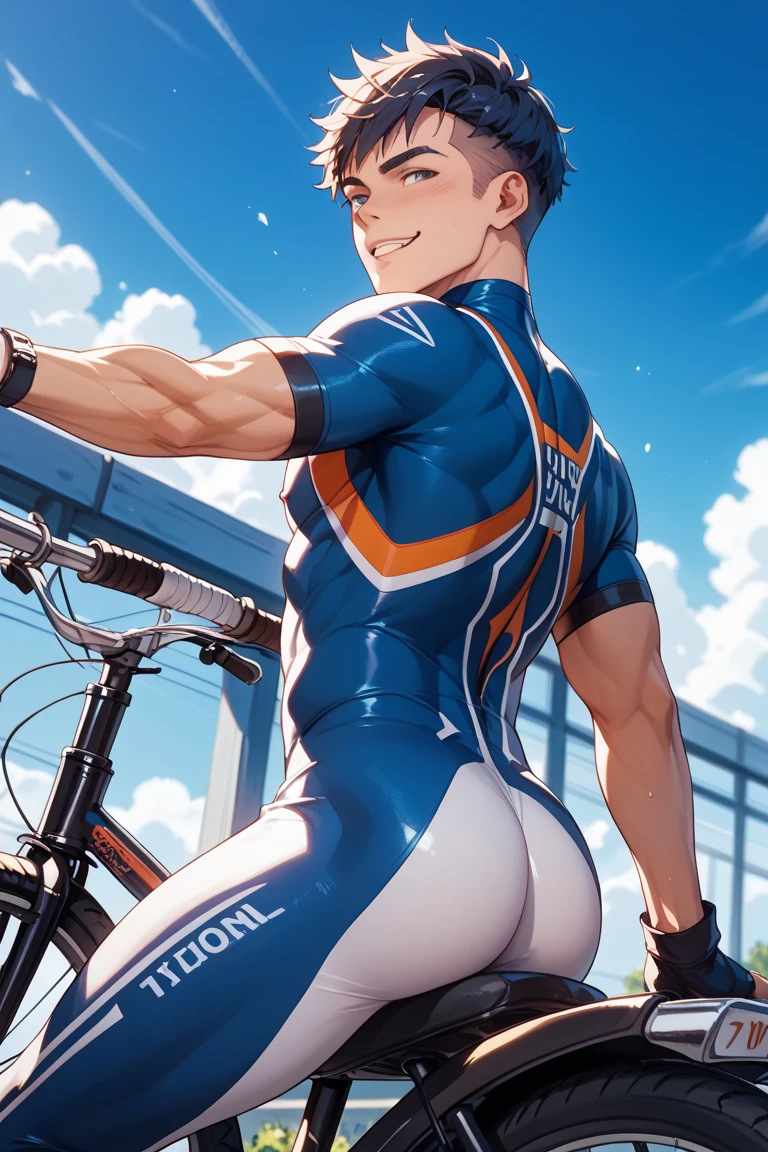 (from behind, male ass, looking back, teasing, squatting, crouching, showing the buttocks, showing the back,) raising the arms and putting the hands on the head, Bunny boy, (((rabbit ears, rabbit tail)))((white wrist cuffs, ribbon tie, garter belt, colorful high-cut sneakers, bunny boy, grid boy, race queen leotard, racing jacket, Sexy Turtle Neck High Cut Thong Leotard ,)) (contour of lid, bulge of underwear), gay, lovely smiles, cheerful and cute smile, flying confetti and paper tape, racing venue, racing car, photo session, sexy and sensual, tanned skin, glitter oil skin, sweating, hot air, fine muscles, muscle veins, males only, mature men, masculine look, gay, yaoi, super buff handsome muscle guy, puffy chest, hyper Muscles, tanned skin, developed glutes, giant trapezius, giant pectoralis, hyper pecs, giant biceps, giant latissimus dorsi, giant gluteus maximus, abnormally developed giant muscle, muscular male hero, beefcake, swollen, 30 years old mature men, young men, short-cropped hair, Stubble, sideburns, beards, thick eyebrows, drooping eyes,