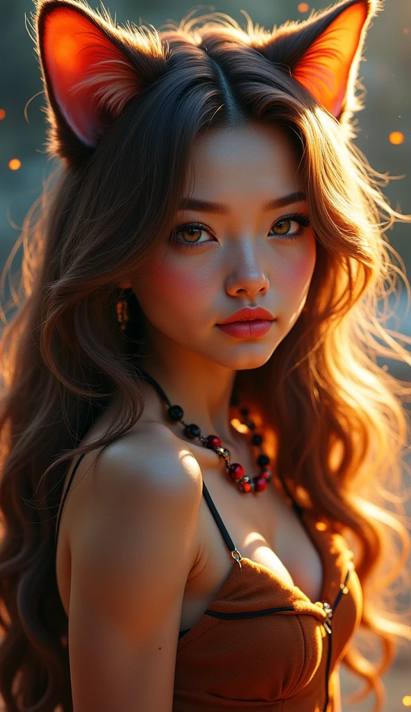 znd,long wavy orange hair,(close-up),city street,(extremely deep open blouse),sunrise,dof,volumetric lighting,masterpiece,extremely detailed,cinematic