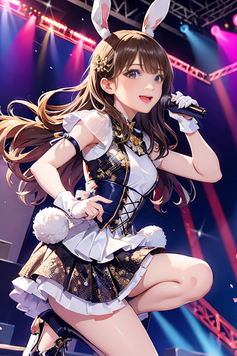 Top quality, ample limbs, perfect fingers, slender beauty, twin-tailed bun hairstyle, brown hair, Deresute, idol costume, beautiful large breasts, live stage, singing