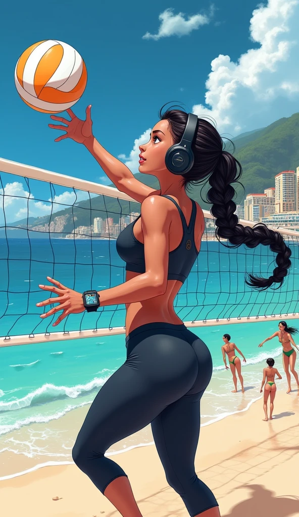 (very detailed, 4k, photorealistic),(camera shot from the back, 3 quarter body shot), (7 pretty girls in different swimsuits), (crowded beach bar scene), sitting facing away from the viewer, sexy bums, girls bending over a beach bar, (female bartender in bikini top behind the happy serving drinks), slighshot swimsuit, bikinis, 1 piece swimsuits, topless, sweating.