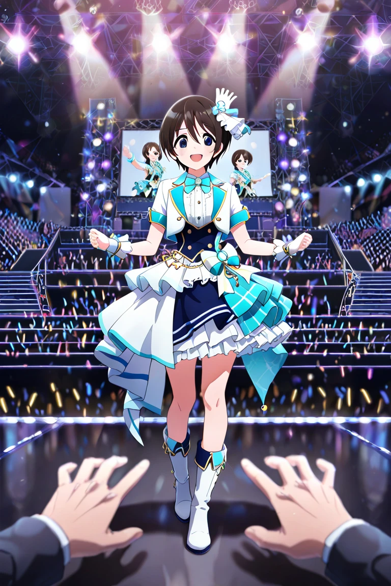 (masterpiece, highest quality:1.3), (16k, High resolution:1.3),on the stage in the park,Open your legs and raise your arms at a 45 degree angle.。,(((smile))),cheers