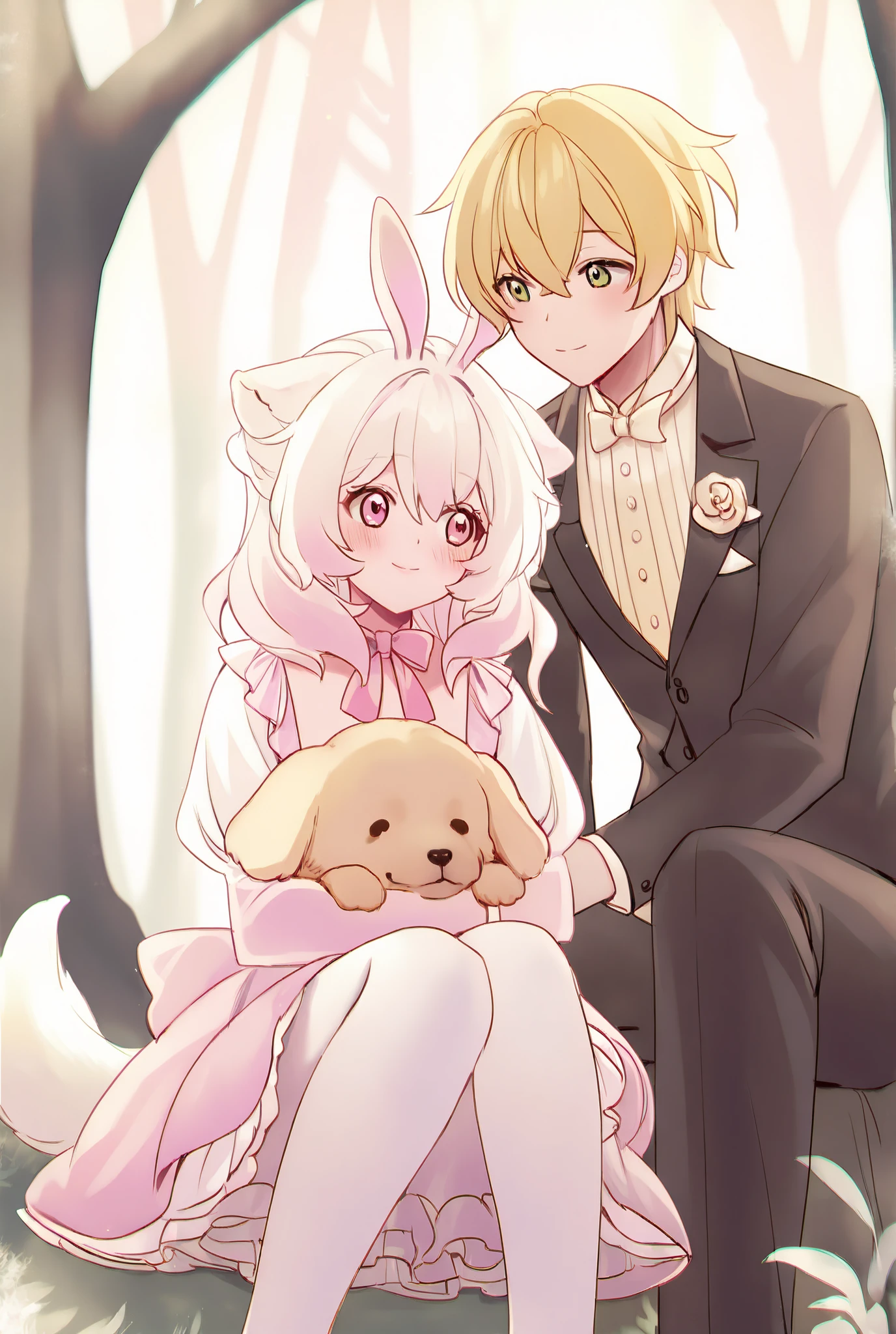 2 anthropomorphic characters、sitting snuggled up in the prairie
The first person(golden retriever anthropomorphic boy)
Dog Ears(Golden retriever style)
cheerful and warm expression
Wear an elegant pastel(Beige or cream color)suit
Second(pink rabbit personification girl)
pastel pink fluffy hair
long soft rabbit ears
Shy and gentle expression
Dream cute pastel pink maid clothes(Lots of frills and lace)
background wrapped in fantastic light、Soft Forest with Blur
The whole thing is pastel tone、soft light、delicate line art
Fluffy pastel gold hair with plenty of fantasy、has a fairytale-like worldview
Anime style、high precision、horizontal composition