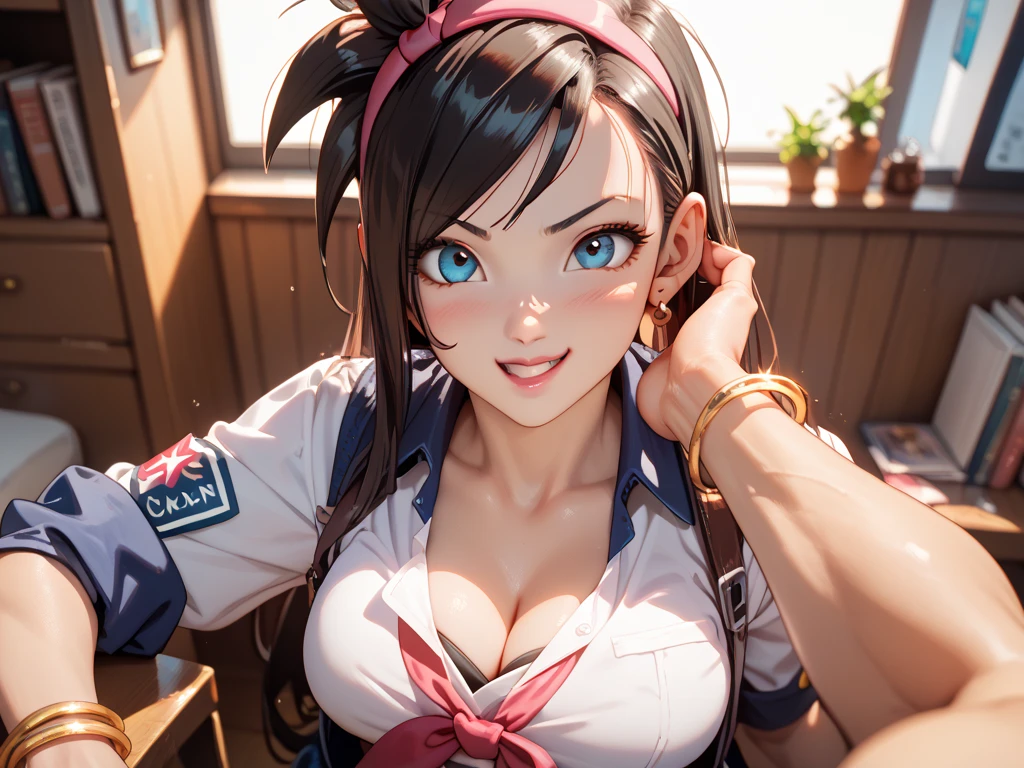 (Best quality:1.3), brown hair, large breasts, cleavage, nurse outfit, smiling, (pov, close shot)