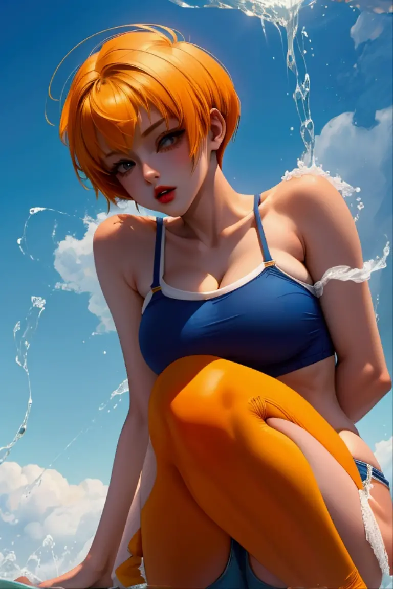 (((One woman getting wet in the rain、spotless、Transparent red kimono、Fluttering red kimono、bionde、short-hair、bobhair、side parted hair、blue eyess)))、(((blonde hair)))、 dynamicposes、A sexy、erotick、Poses to seduce、M-shaped leg in ruins