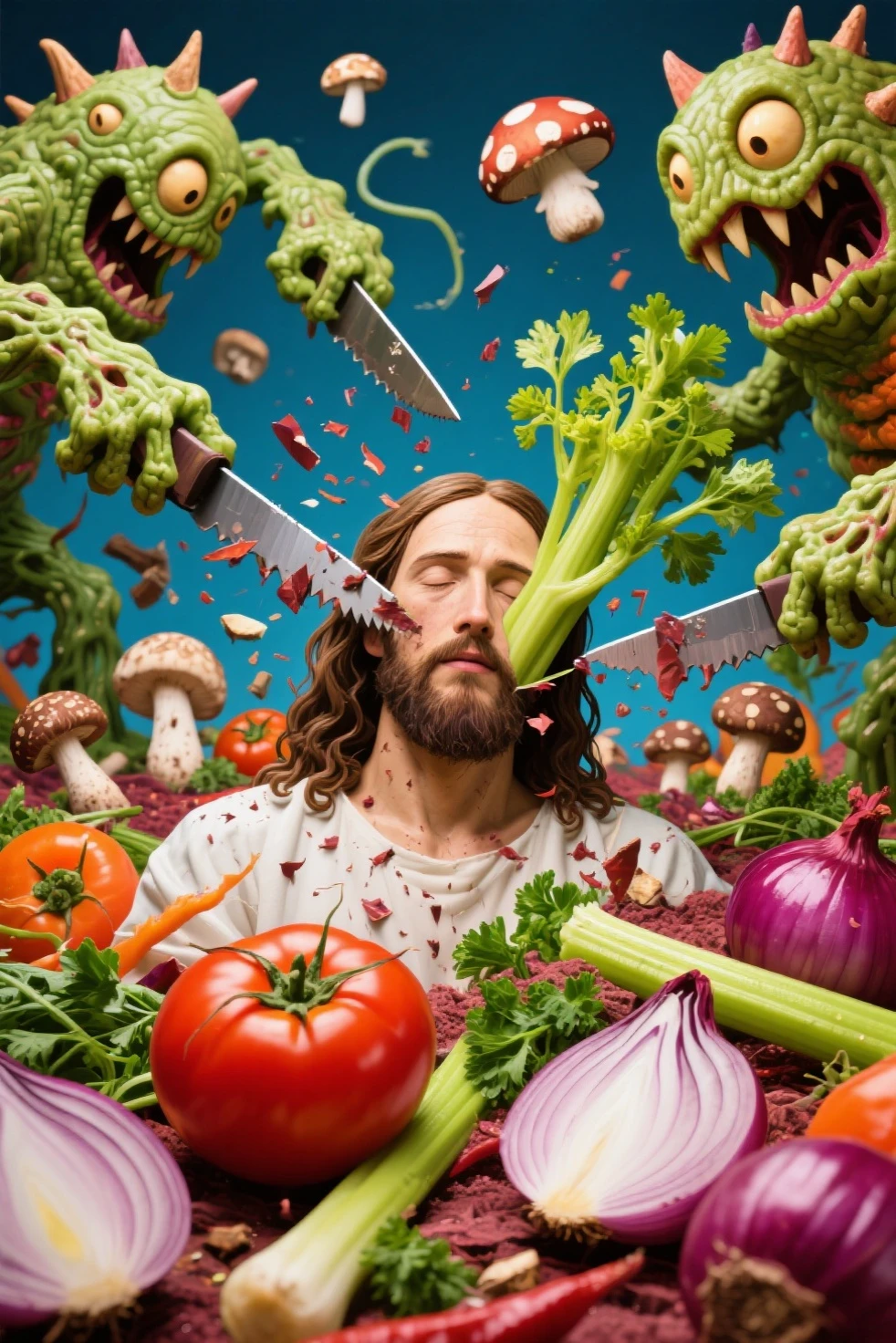 We get such an image. Should be the one of Jesus in which Jesus' stomach has come out and he is sitting on a dining table and fruits are kept on the dining table.