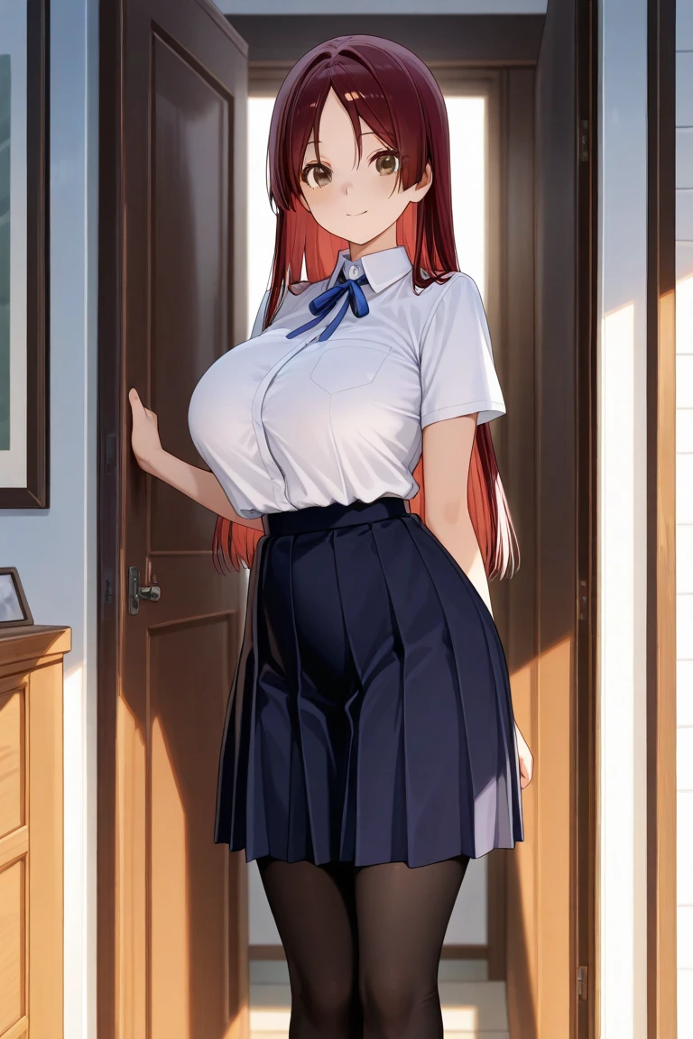 BREAK looking at viewer, BREAK (masterpiece:1.2), best quality, high resolution, unity 8k wallpaper, (illustration:0.8), (beautiful detailed eyes:1.6), extremely detailed face, perfect lighting, extremely detailed CG, (perfect hands, perfect anatomy),school,desk,windows,tables,inoue orihime, long hair, orange hair, (grey eyes:1.5),skirt, bow,white blouse,unbuttoned blouse,open blouse,black bra,lace bra,cleavege,neckline, long sleeves, puffy sleeves, skirt, blue skirt, long skirt,showing breasts,nipples,nipples see through,upskirt,,camel toe,no panties,showing vagina,asshole,anus,naked breast,showing tits,bend over on table,