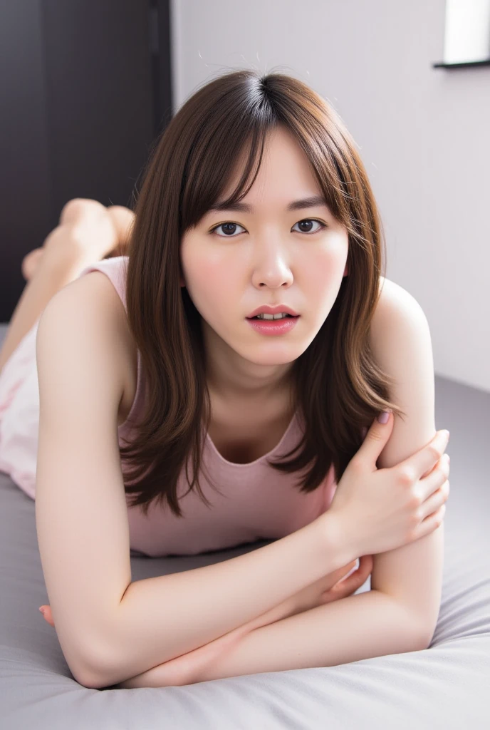 (Girl sitting on a bench in Tokyo:1.2、Midsummer、blue sky)、((Shirt with ribbon、Tight brown miniskirt:1.3、Wearing knee-high socks:1.4、Detailed white panties)、the wind is strong、(Realistic、Like a photograph、Live Action、8k, Realistic, RAW Photos, Best image quality: 1.4), Single-lens reflex camera、RAW Photos, Highest quality, Realistic, Highly detailed CG Unity 8k wallpaper, Written boundary depth, Cinematic Light, Lens flare, Ray Tracing, Realistic background、((ultra high density skin))、 16-year-old girl、Cute Japanese Girl、(whole body:1.5)、Very detailedな顔，avert your eyes:1.1、(short hair:1.2、Short Ponytail:1.4)、I like that style、stylish、Very detailed、Pay attention to the details、Perfect outfit、(Sunburned skin)、Front view、Accurate hands、Accurate legs、Detailed hands and fingers、Anatomically correct body、Thin legs、Thin thighs、Large Breasts