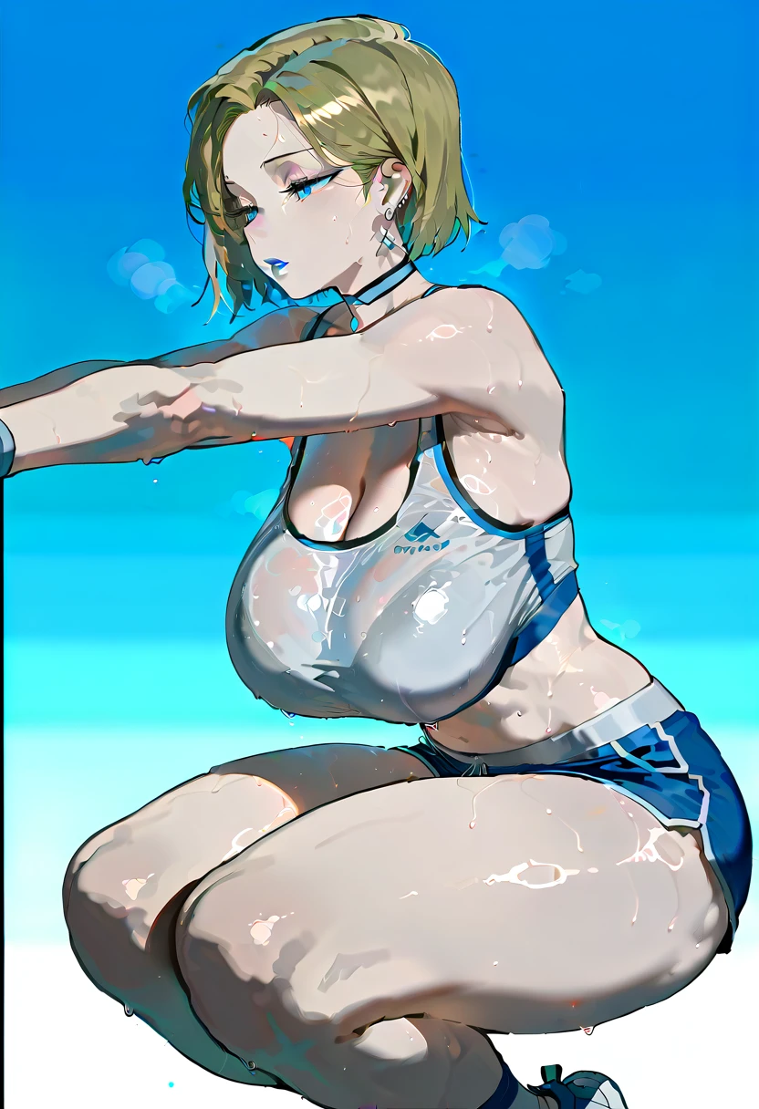 1girls, beach, bikini, white bikini, blue trim, neon trim, sneakers, shoes, tech, scuence-fiction, futuristic, machinery, smile, tongue out, tongue, blonde hair, very short hair, blue eyes, breasts, large breasts, wide hips, thick thighs, smirk, smug, pixie cut, tomboy