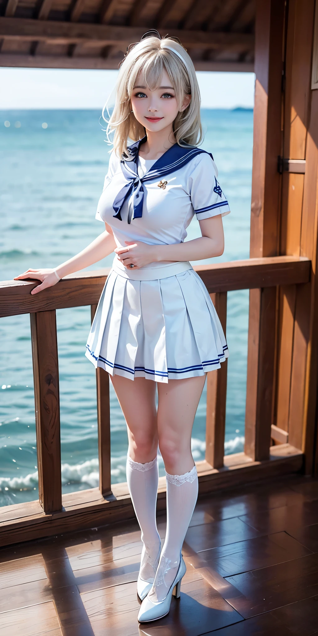 tokyo disney resort dancer open thighs,Donald Duck style hat,White and light blue horizontal striped panties,Blue Sailor Short Sleeve,White pleated skirt,Red ribbon tie,shoot from below,
