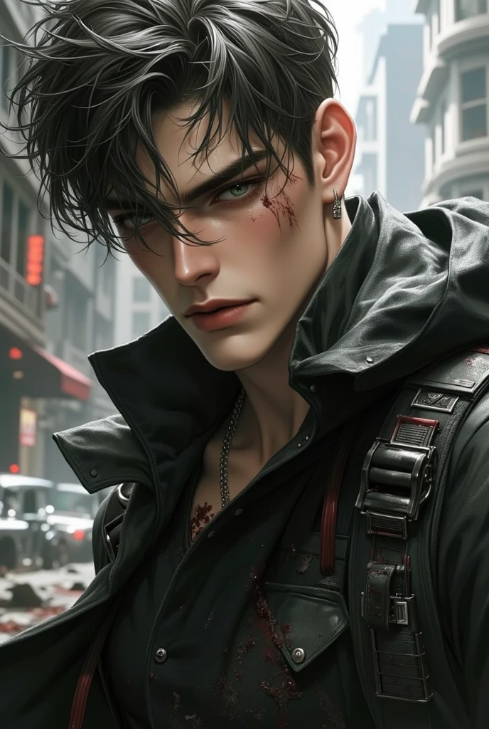 City background, male, tired, metroidvania, scary, short hair, tired, bloody, without a pyscothic smile, blood between teeth. 8k, beautiful image. bloody knife in hand.