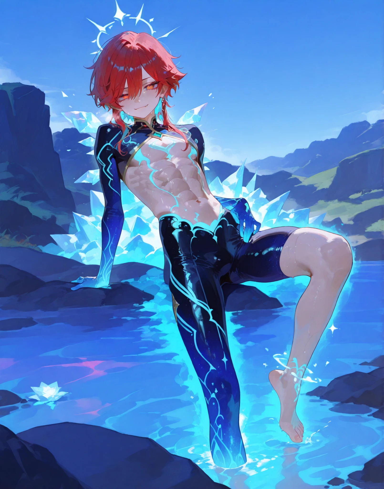 young slim athletic boy, smooth glowing fair skin, unique messy layered hair split into pure white, bright red, and icy blue sections, side-swept bangs partly covering one eye, sharp dreamy eyes matching the colors of his hair, wearing extremely tight thin glossy ice-pop-themed bodysuit in shades of white, red, and blue, clinging to his body revealing sculpted abs, toned chest structure, and visible outline of private parts, playful teasing smirk, standing barefoot on glowing icy ground under a bright blue sky, one hand running through his colorful hair, other resting low on his hip, soft misty aura of cold swirling around his feet, background of giant fantasy ice pops and colorful frozen landscapes, anime-style, highly detailed, sexy fantasy energy, vibrant colorful fantasy vibe