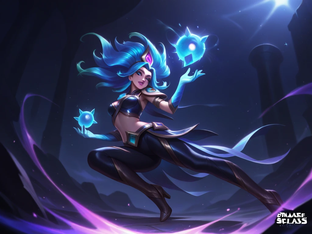League of Legends Gwen, Wearing Viego''s crown, Viego's crown, Green Viego crown, Viego crown, 3 spiked Viego crown, 3 spiked glowing crown, glowing Viego crown, Viego headpieace, SFW, wink, winking, one eye closed, Gwen's dress, Gwen's outfit, Gwen's hair, Gwen's gloves, Gwen's shoes, Gwen's leggings, Blue hair, mouth closed, closed mouth smile, looking at viewer, 8k, official art, masterpiece, ultrasharp, blush, red blush, sitting down, legs crossed, crossed legs, right leg over left leg, full body