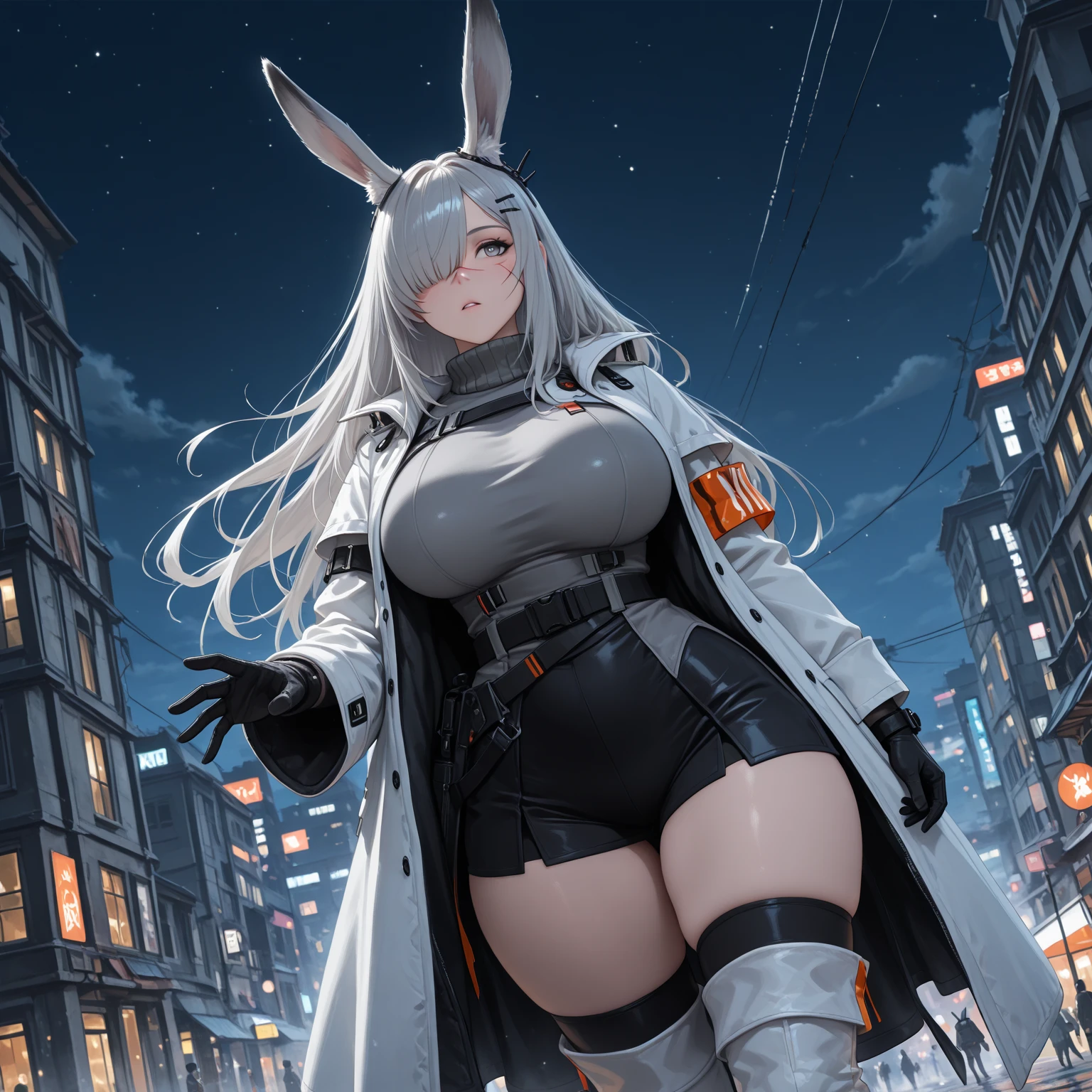 (Cool policewoman.Well-proportioned face.Beautiful white skin.tall.A very muscular, thin body.Well-defined, beautiful six-pack abs.Sharp, large eyes.White Hair.Boyish long hair with a center part.I can see your forehead.Beautiful blue eyes.Deep red, intense eye makeup.Dark lipstick.Narrow waist.Very large breasts.Very large breastsの谷間.Beautiful light pink areola.Skin is radiant).(See-through bunny girl.Nipples sticking out.Black long boots with lots of belts.There are lots of piercings.stockings.Bunny ears).(1 Beauty.Late at night in an empty town.Futuristic City.Police car.He has a gun.Smiling thinly.The eyes are narrowed)Perfect Face.Accurate human body.Accurate five fingers.High resolution.It's dynamic.Whole body image