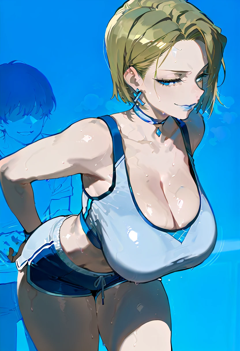 masterpiece, best quality, ultra-detailed, Potrait of beautiful , (chubby) (muscular), (plump), (sexly), (cleavage), ((tomboy)), (アニメ), (Breasts), (Plump), ((very short hair)), ((Uzaki Hana)), (overweight), (Gray Hair), ((Saggy breasts)), (blue eyes), (Short Hair), (blue eyes), ((thick)), (Smelly body), (Sweaty body), (arms up), (side), (Poolside), (両方のsideが見える), ((恥ずかしくてLook Away)), (school swimsuits), (School Swimsuit), (Look Away), (cleavage)