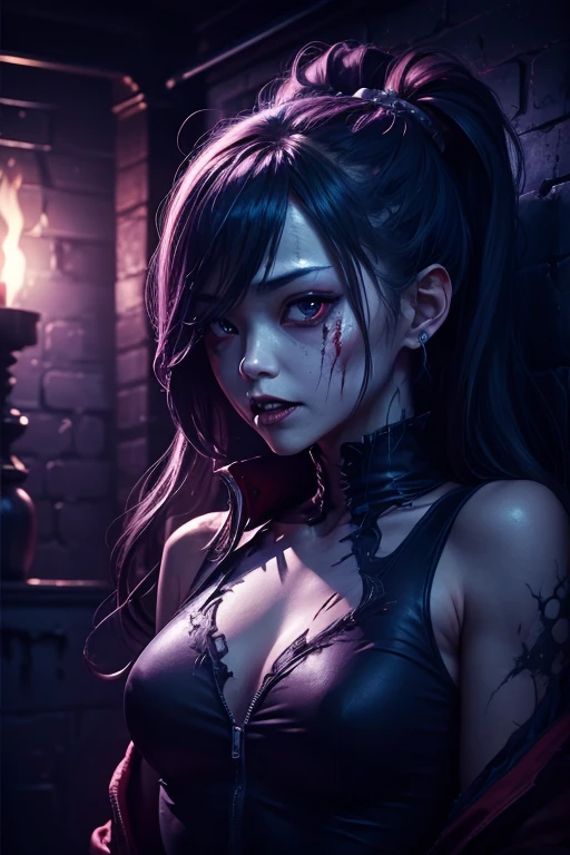 Submissive girl, flat breasts, (horror style), looks depressing, high quality, ultra-detailed, crazy details, 4K, inferno