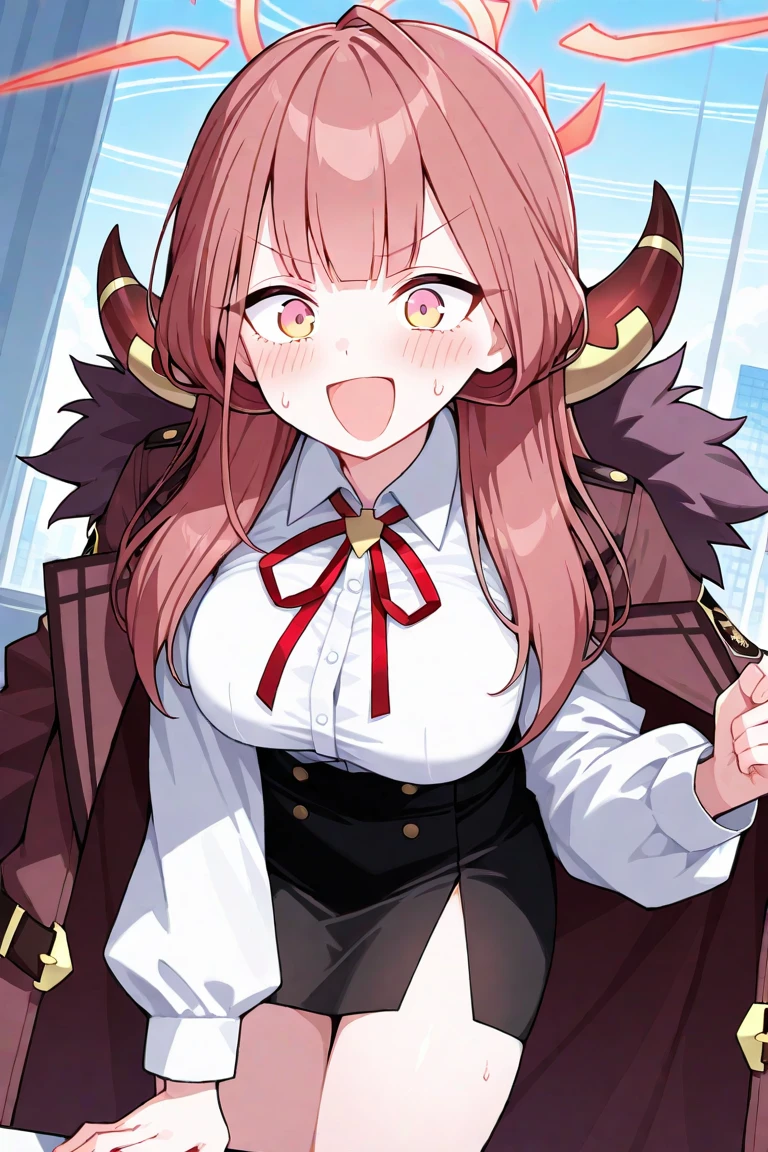 masterpiece,highres,ARU_\(BLUE_ARCHIVE\),SOLO,HORNS,WHITE_GLOVES,HALO,LONG_HAIR,FUR_TRIM,SHIRT,WHITE_SHIRT,BLACK_SKIRT,NECK_RIBBON,COLLARED_SHIRT,YELLOW_EYES,HIGH-WAIST_SKIRT,FUR-TRIMMED_COAT,JACKET,PINK_HAIR,JACKET_ON_SHOULDERS,FUR-TRIMMED_JACKET, sweating,wet clothes,steam,sitting,thigh,wet thigh,thigh together,blush,frown,open mouth,heavy breathing,hand on breasts,hand on thigh,from above,cleavge,