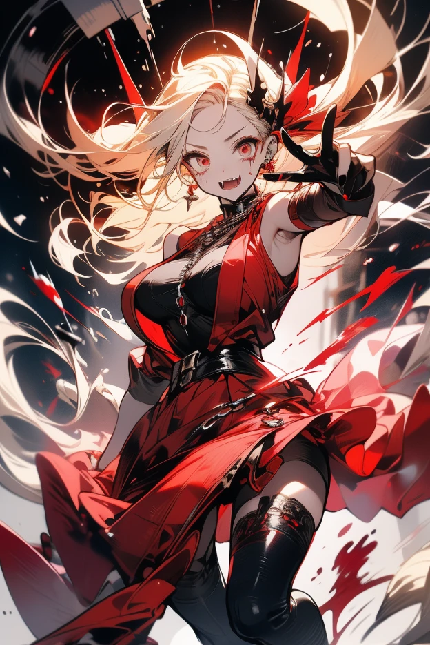 One blonde girl、red eyes、Bright red dress、off shoulders