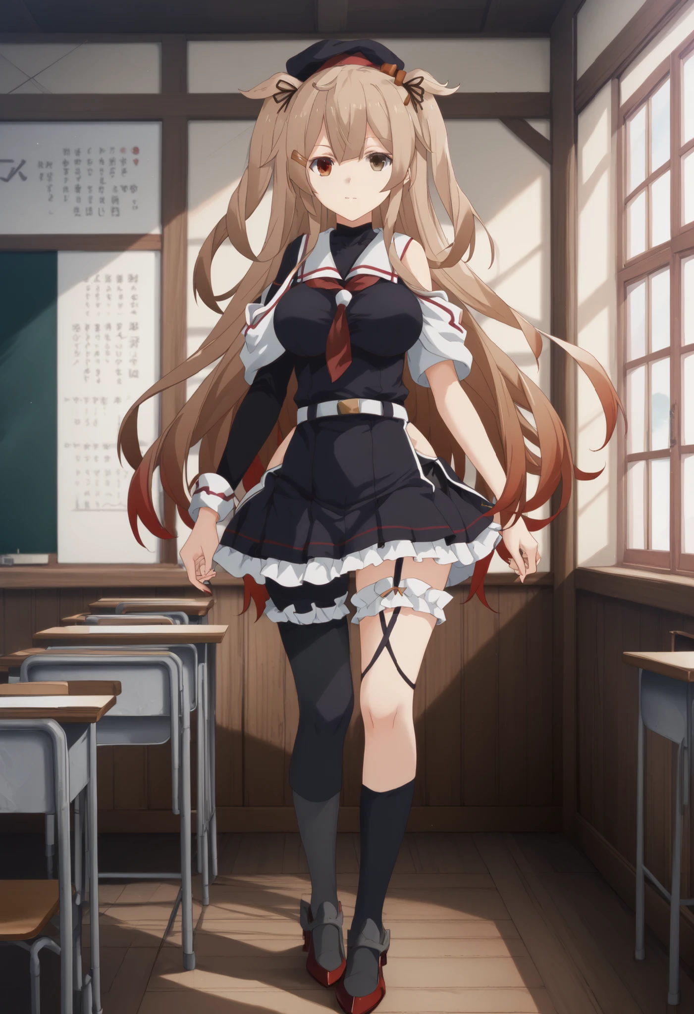Murasame (KANCOLLE)、(Murayama Nikkantai collection), light brown hair, 1 girl, solo, long hair, chest,hair ornament, , Red right eye, yellow left eye,, ribbon, uniform, hair ribbon, pleated skirt, sailor suit, hair clip, black thigh high socks, transparent ear cover, Black Skirt, two side up, heterochromia, ruffle skirt, hair flap, Red Neckerchief, Asymmetric Legwear, black sailor suit, uneven leg attire, asymmetrical clothes, white belt,black headwear,heterochromia, beret,sailor collar,bear shoulder,Inside is black,, classroom background, Big Breasts, slender body, full body shape ,