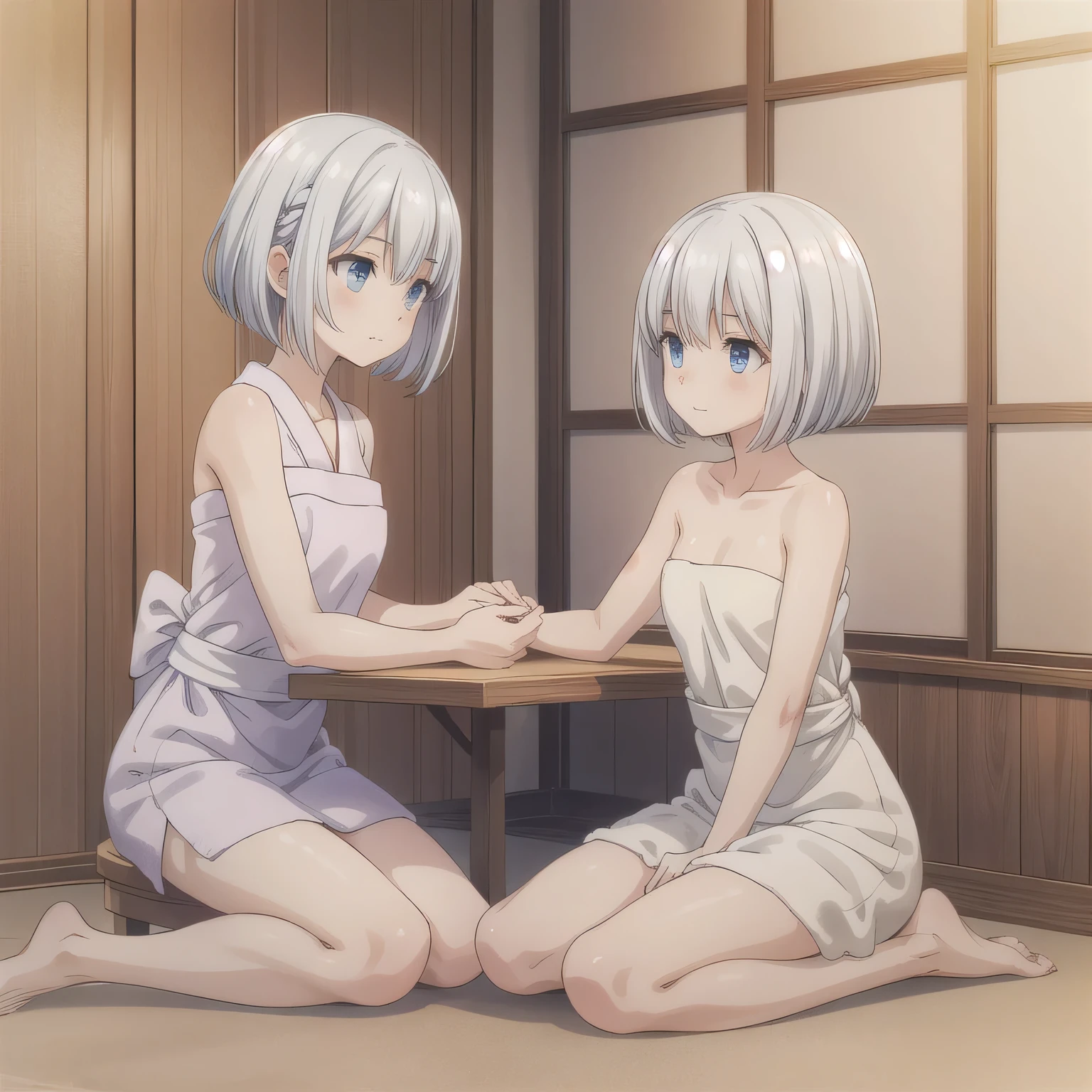 A beautiful woman in a A narrow, compact Japanese bathroom, with tiled walls, a small bathtub, and a wooden stool beside it. Steam fills the room., sitting in seiza style , politely waiting to greet someone.The character is wrapped in a towel around the body. white hair, bob haircut, blue eyes.