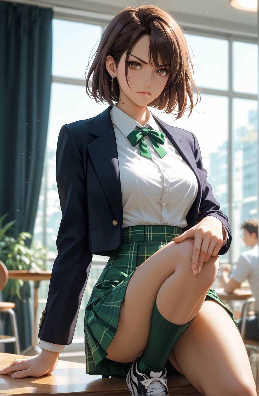 merula, full body, black mini skirt, pleated skirt, sitting, school, green striped necktie, open legs, thighs, high heels, upskirt