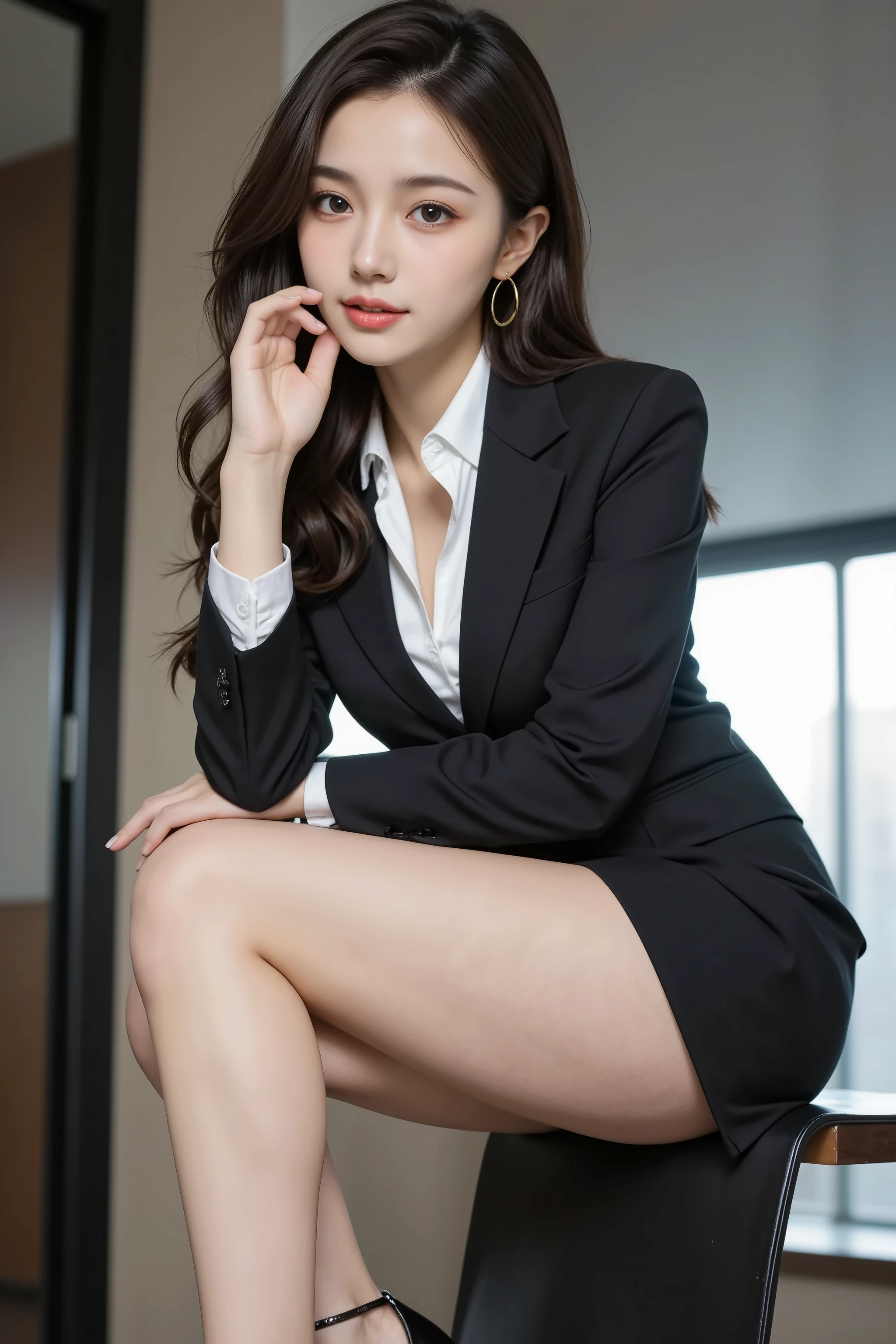 (Masterpiece:1.2), (Best quality), (Full body like:1.3) ,(Ultra detailed), (8K, Intricate), (Lens 135mm,F1.8), (Photorealistic)(Black background:1.3), Portrait photography，(dynamicposes)，Side lighting,Edges are lit,Best shadow,Area light source,Perfect anatomy,Perfect face shape,Perfect for women,First-class female body,Refines skin texture,Fine cloth pattern,Meticulous beauty,Delicate and delicate skin，highlydetailed skin，paleskin，Delicate hair，glistning skin，top Quority， realisticlying， 8K， k hd， 1 rapariga， Female pervert, (Full body like:1.3)， schools，痴女， blazer jacket， 校服，Visible nipple， with no underpants， The skirt is boldly pulled up， （legs are open）， bend the knees and open the legs， The hairstyle is slightly shorter， Open your legs by grasping your knees with your hands， Buttoned shirt flutters