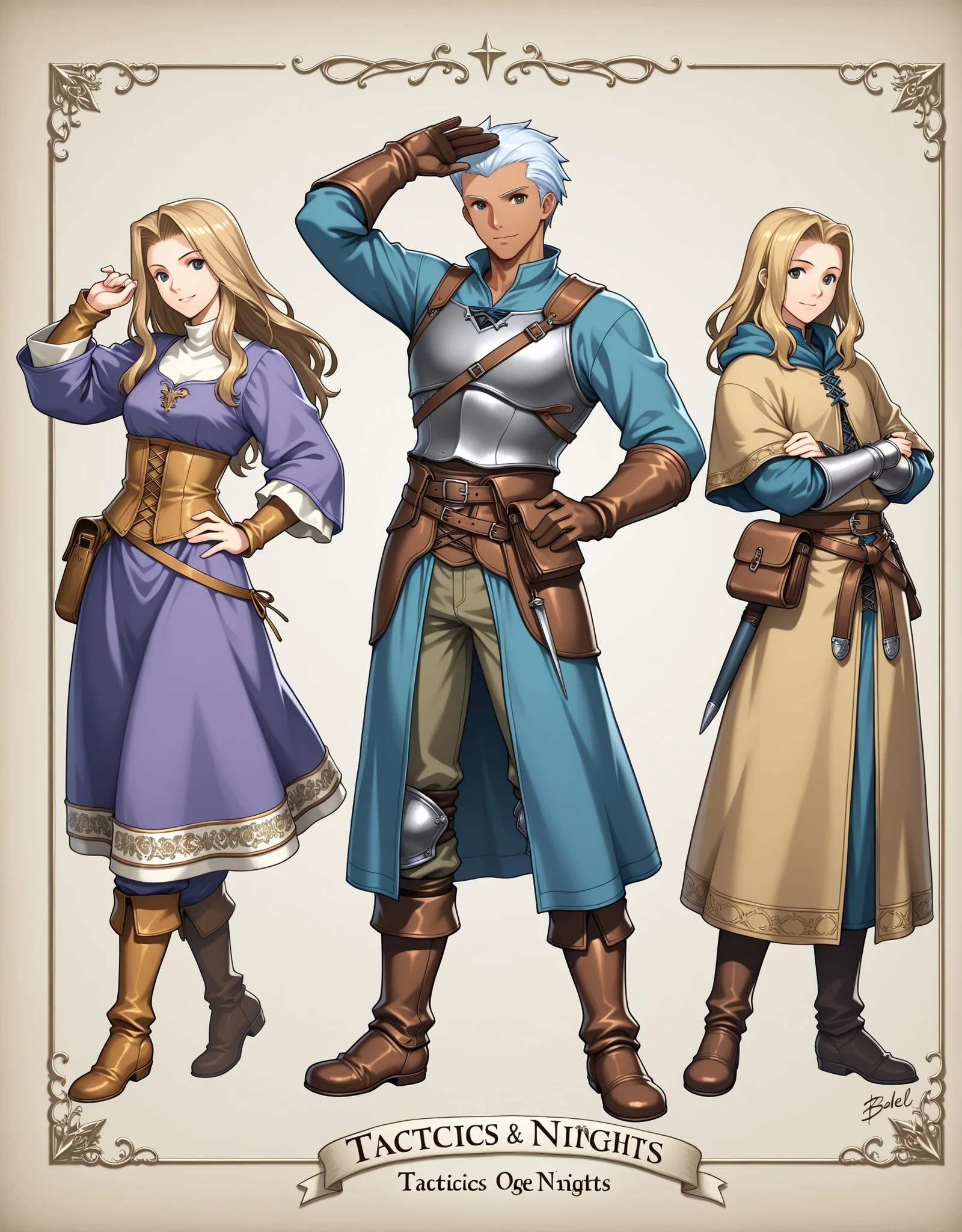Tactics Ogre style,Medieval Fantasy Style、bluel hair,Archer,in a dynamic pose、nostalgia,『Sleepless nights』