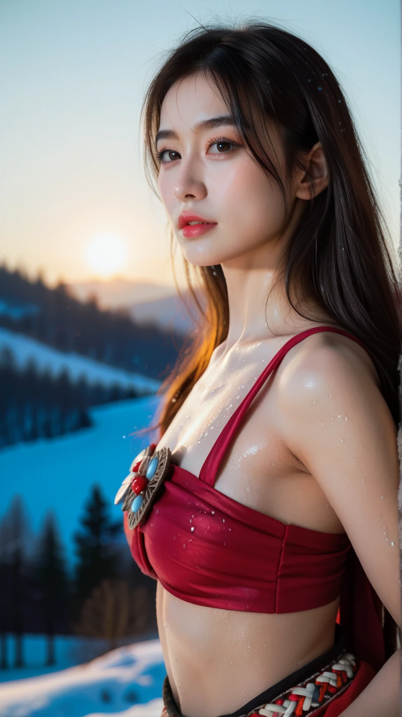 A big red silk dress with a very low neckline，Reveal plump breasts，The face resembles a hibiscus，Eyebrows like willows，Eyes that are more charming than peach blossoms，Skin like snow，Her black hair was pulled into a high beauty bun，The beads on their heads shine dazzling in the sun，Bright red lips，A beautiful woman，Weakly collapsed on the ground，in hot state，The face is red，Weak eyepose the whole body，Open-mouthed，Semi-closed Eyes