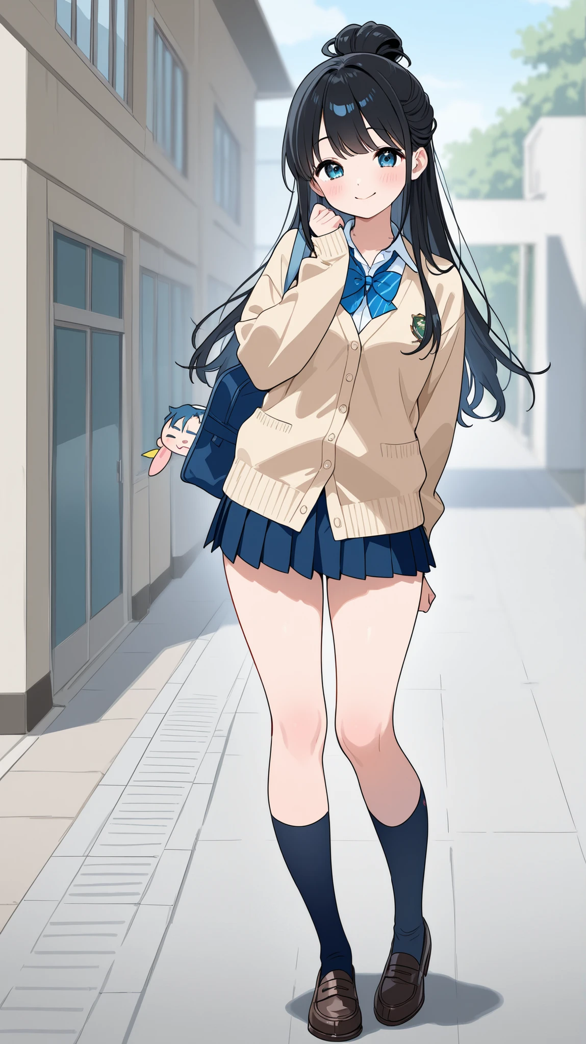 standing in the school yard 、Japanese high school students、uniform、miniskirt、cardigan、cute face、 long hairstyle due to things、is smiling、full body image