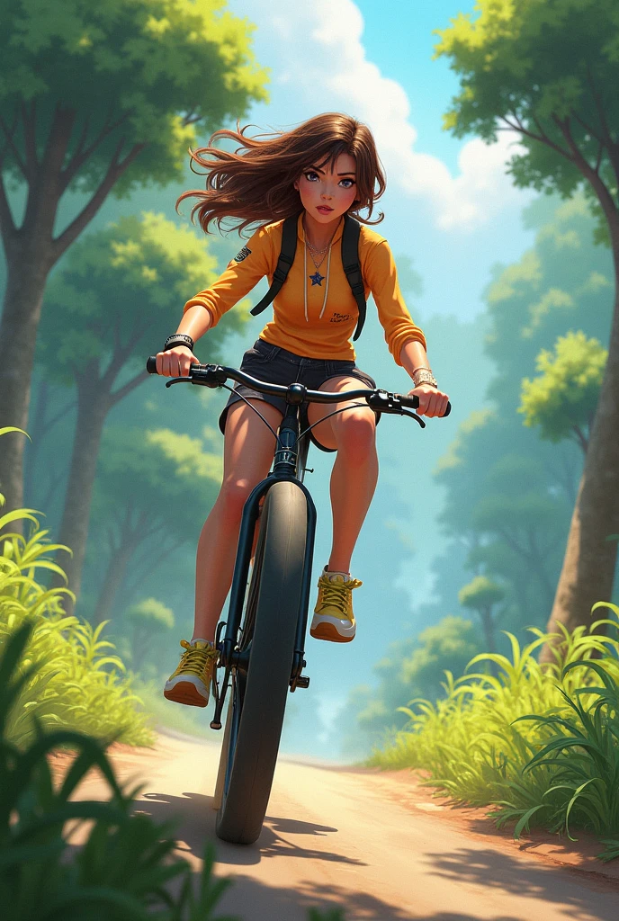dynamic illustration of red yellow maple leaves drifting falling, leaves floating in the air, strong wind effect, autumn, water, Cycling girl with bike sunglasseotion Blur), (best composition), (realistic, photorealistic, RAWphoto:1.3), ultra-wide-angle, octane render, enhance, intricate, (best quality, masterpiece, Representative work, official art, Professional, unity 8k wallpaper:1.3)