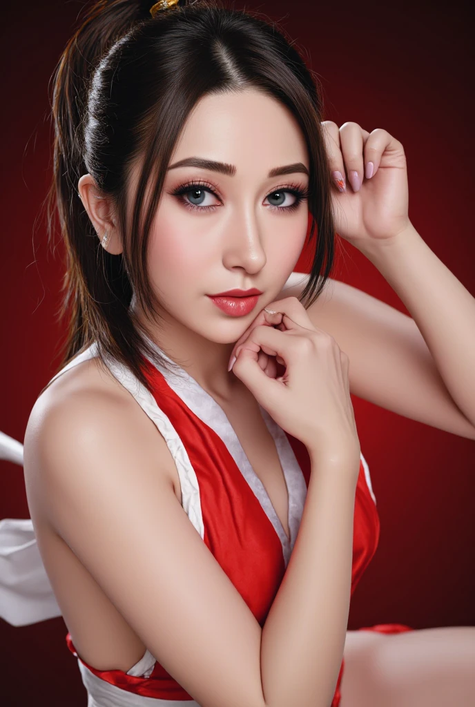 Mai Shiranui, (best quality,ultra-detailed),(Realistic:1.37), beautiful and detailed face, Ultra-realistic texture, delicate face, athletic body, vivid colors. high definition, 8K, wearing red lipstick, rosy cheek. expression with a sexy and penetrating look