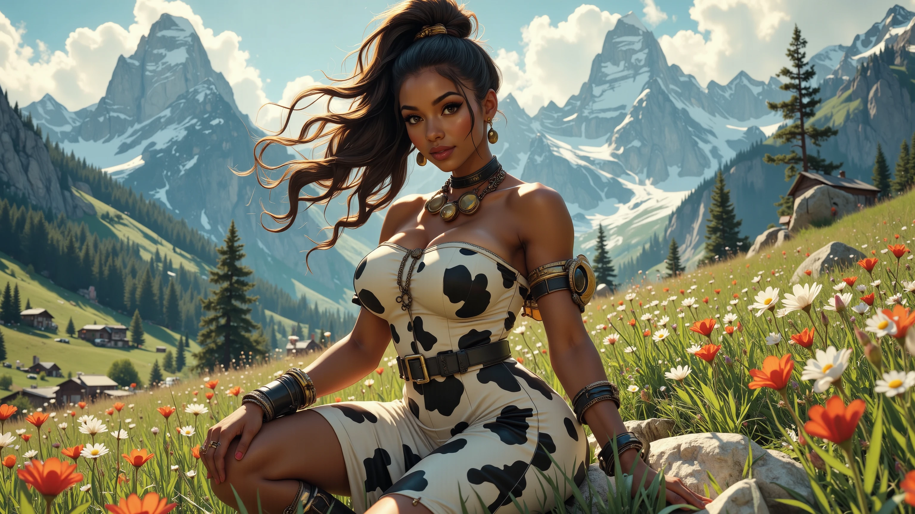 Full body photo, from head to toes, of a sultry gorgeous African young woman, muscular and voluptuous, posing on a flower field at the Alps. Her beautiful long hair is styled in a high ponytail. She has muscular thick thighs, wide hips, perky fit plump ass, slender waist, well defined body, well defined muscles, huge perky breasts. She has extremely detailed realistic natural skin with skin pores, shiny skin, perfect skin, perfect face, perfect hands, perfect eyes, ultra detailed body, ultra detailed face, ultra detailed feet, ultra detailed hands, desire, provocative, excitement. She wears a sexy, tight, cow printed strapless summer dress (showing skin indentation), spring pumps, makeup, lipstick, and intricate jewellery: a slave collar with a cowbell, bracelets, armlets, earrings, and rings. windy spring day, blue sky, nature, panorama, landscape, harsh sun and shadows, ray tracing, UHD, HDR, 16K, DSLR, photorealistic, masterpiece, award-winning