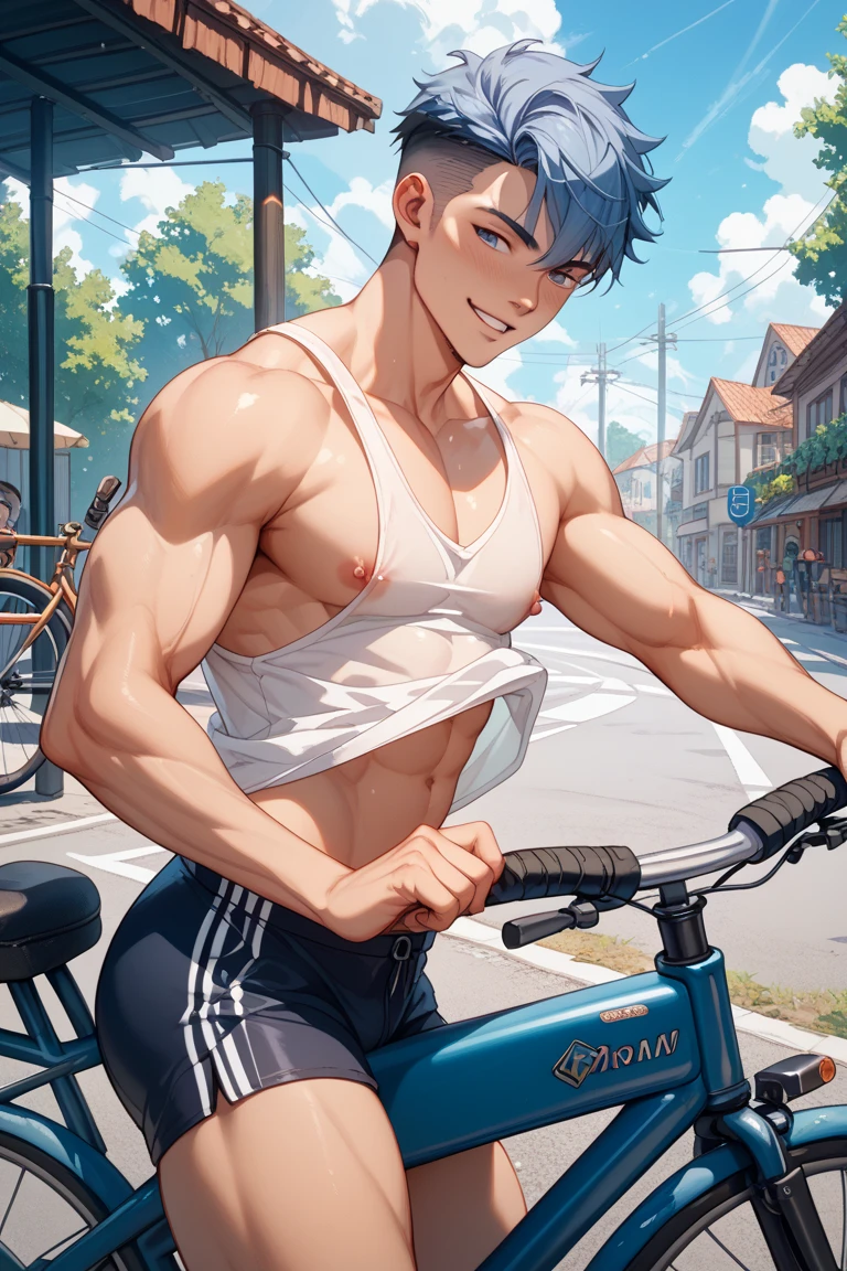 anime+hentai+yaoi style deep colors palette , simetryc composition, ultradetailed art style, oil painting, fullbody, perfect compositicion, perfect anatomy, wearing small litle shorts, dramatic, natural lighting, a young gorgeous, handsome, tall, perfect feet, latino , detailed realistic muscles, simetryc body, he is ridding a blue bicycle and holding a sort , carring a multicolor back bag, in a downtown scenario
