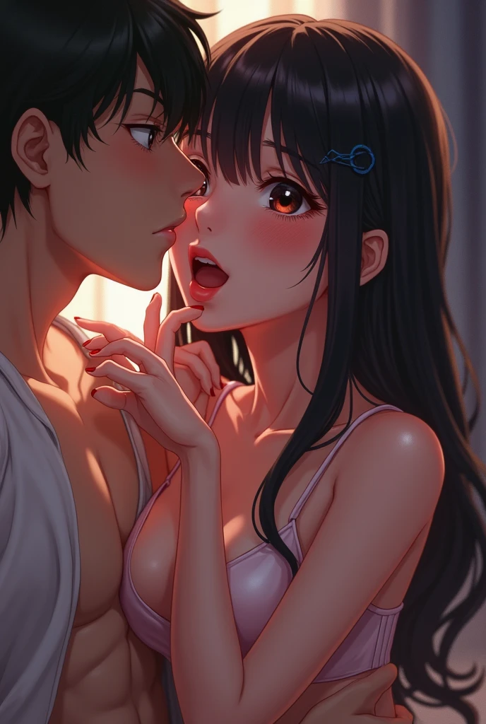 Young boy topless and wearing jeans and sexy woman wearing long black dress kissing and making out passionately, sexy, hot, lustful