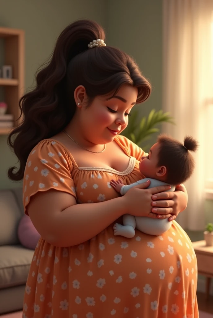 A woman sitting in a chair nursing a girl, realism, Juliana Paes, smiling, happy pink dress --auto --s2