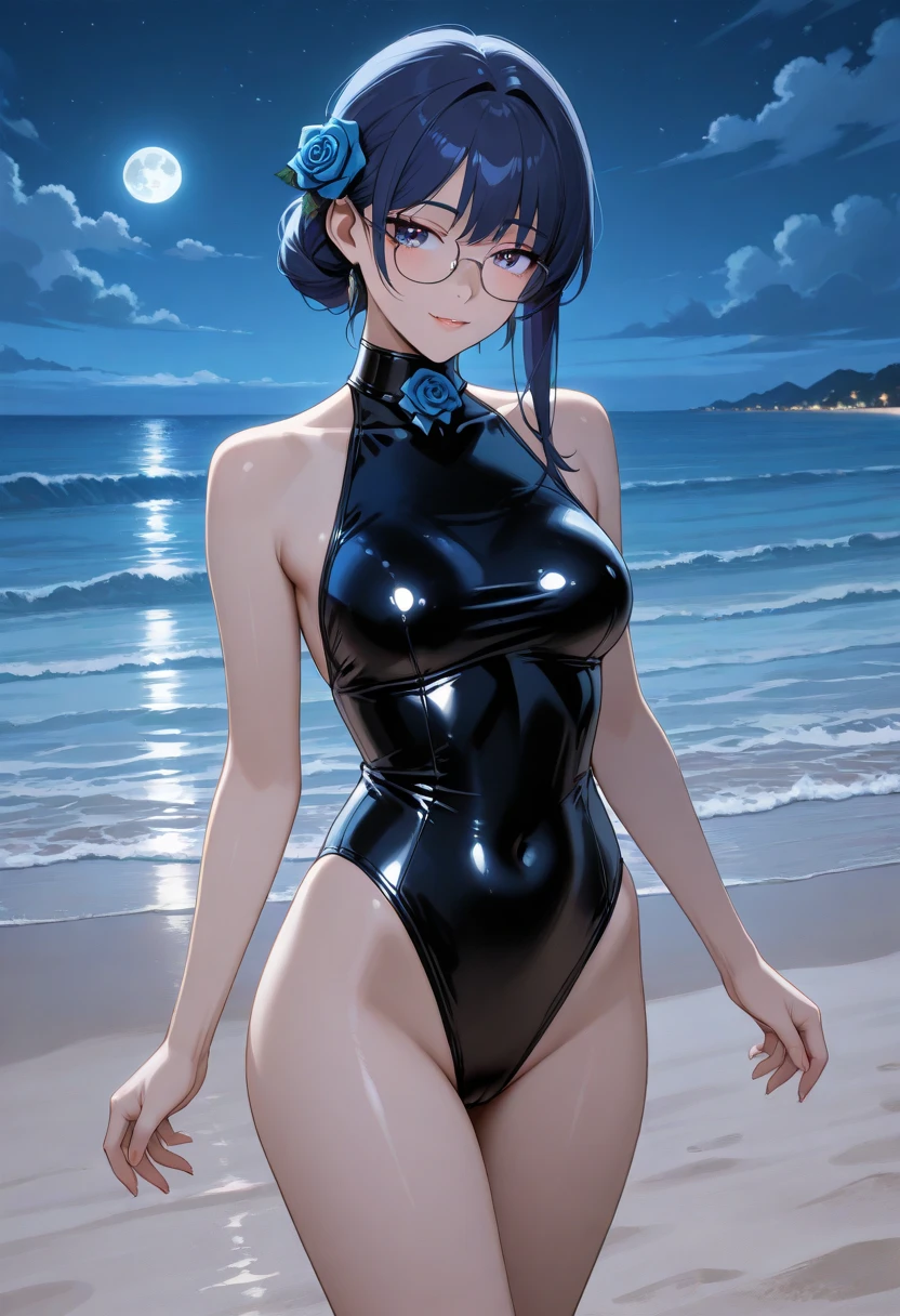 Woman in light blue bikini standing on the beach, night shot, astrophotography, night, under the Milky Way, Masao Maeda, Japan, astrophotography, shot with Sigma 12 mm f 1.1, night sky photography, Boston-shaped glasses, black hair, bob hair, breast size is D cup, nsf4