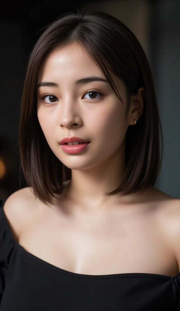 ((masterpiece, highest quality, High resolution, Photoreal, RAW photo, 8k wallpaper)), very detailed, 私を見つめる笑face、(1 45 year old Japanese mature woman:1.3)、(シワのあるface:1.3)、(accurate anatomy:1.1)、 women sexy, detailed face, beautiful eyes, bangs, soft little cleavage、(finest red bra)、perfect makeup、long eyelashes、lipstick、plump and beautiful lips, Beautiful and shining lips、(close-up of woman&#39;face:1.3)、(Blurred luxury love hotel bedroom:1.1)、Warm and romantic lighting, moody colors