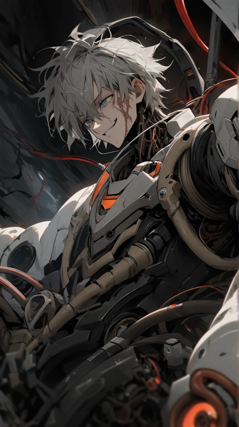 Nanobots crawling at camera, anime man in the middle, black mechanical arms, red eyes, lab coat, floating, glasses