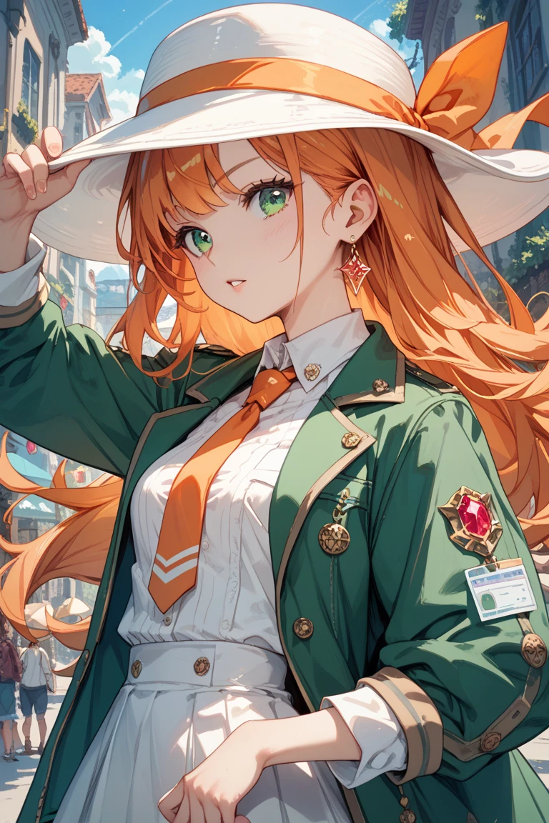 smile, coin on string, <lora:Leprecon_Artist:0.8> 1girl, green eyes, orange hair, long hair, medium breasts, hat, gloves, cleavage, jewelry, green jacket, <lora:Niko Tama 1.5:0.8>, absurdres, ultra detailed, masterpiece, best quality, aesthetic, detailed,